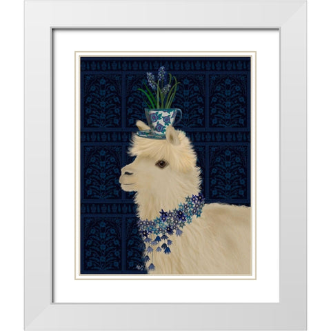 Llama Teacup and Blue Flowers White Modern Wood Framed Art Print with Double Matting by Fab Funky