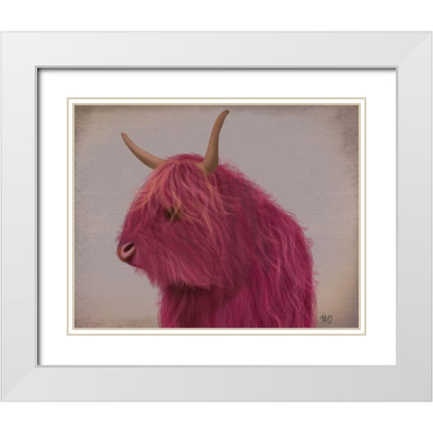 Highland Cow 4, Pink, Portrait White Modern Wood Framed Art Print with Double Matting by Fab Funky