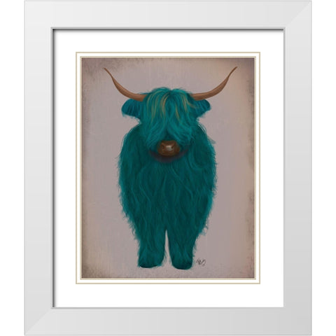 Highland Cow 3, Turquoise, Full White Modern Wood Framed Art Print with Double Matting by Fab Funky