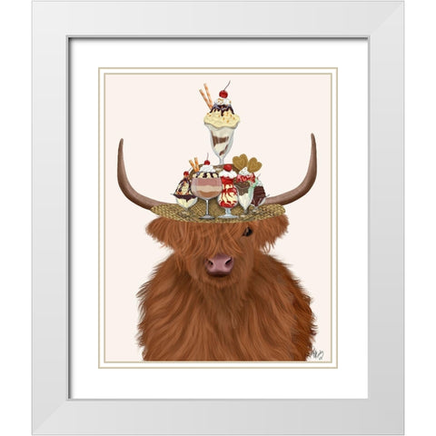 Highland Cow and Ice Cream Hat White Modern Wood Framed Art Print with Double Matting by Fab Funky