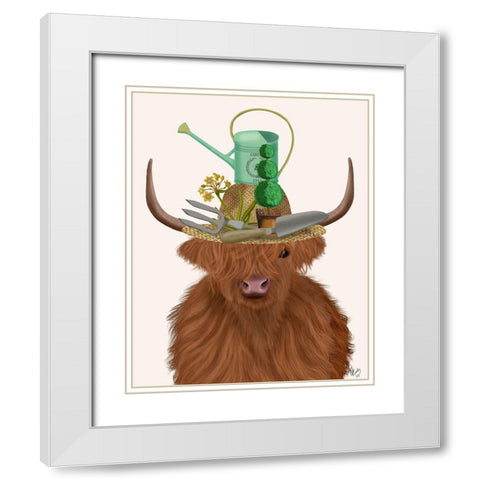Highland Cow and Gardeners Hat White Modern Wood Framed Art Print with Double Matting by Fab Funky