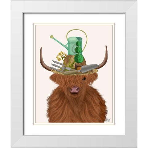 Highland Cow and Gardeners Hat White Modern Wood Framed Art Print with Double Matting by Fab Funky