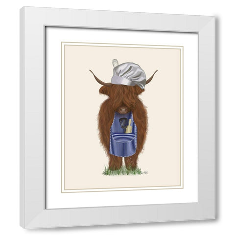Highland Cow Chef White Modern Wood Framed Art Print with Double Matting by Fab Funky