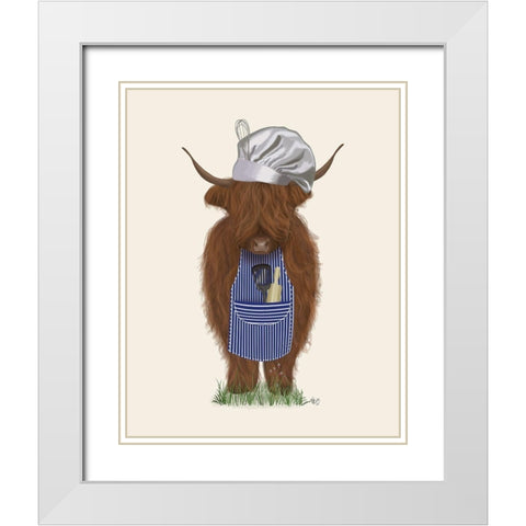 Highland Cow Chef White Modern Wood Framed Art Print with Double Matting by Fab Funky