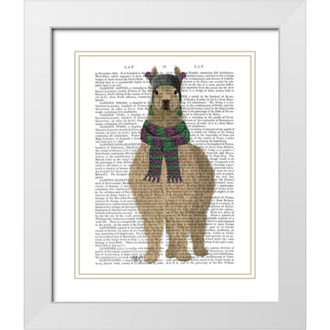 Llama with Purple Scarf, Full Book Print White Modern Wood Framed Art Print with Double Matting by Fab Funky