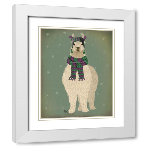 Llama with Purple Scarf, Full White Modern Wood Framed Art Print with Double Matting by Fab Funky