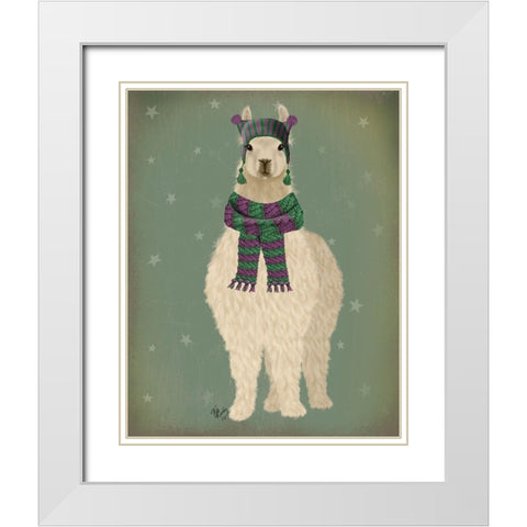 Llama with Purple Scarf, Full White Modern Wood Framed Art Print with Double Matting by Fab Funky