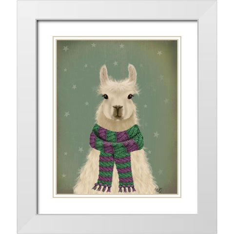 Llama with Purple Scarf, Portrait White Modern Wood Framed Art Print with Double Matting by Fab Funky