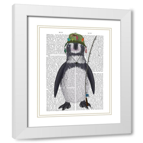 Penguin Fishing Book Print White Modern Wood Framed Art Print with Double Matting by Fab Funky