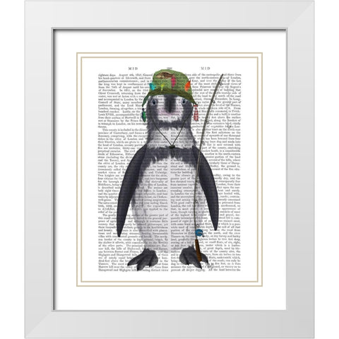 Penguin Fishing Book Print White Modern Wood Framed Art Print with Double Matting by Fab Funky