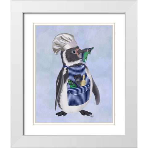 Penguin Chef White Modern Wood Framed Art Print with Double Matting by Fab Funky