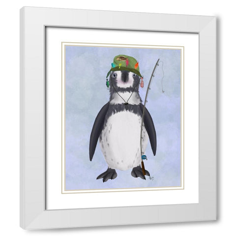 Penguin Fishing White Modern Wood Framed Art Print with Double Matting by Fab Funky