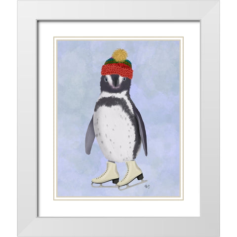 Penguin Ice Skating White Modern Wood Framed Art Print with Double Matting by Fab Funky