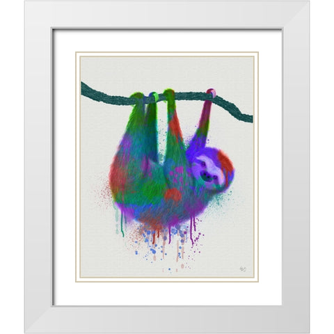 Sloth Rainbow Splash White Modern Wood Framed Art Print with Double Matting by Fab Funky