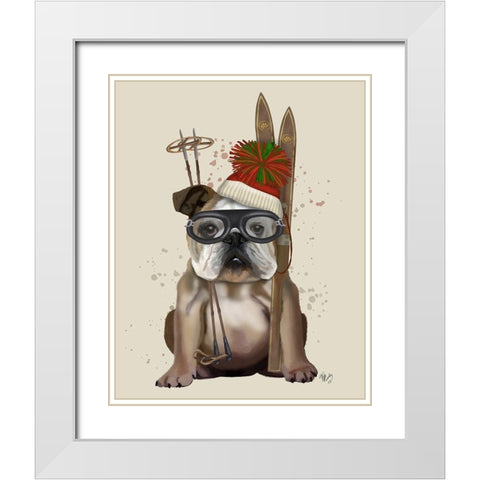 English Bulldog, Skiing White Modern Wood Framed Art Print with Double Matting by Fab Funky