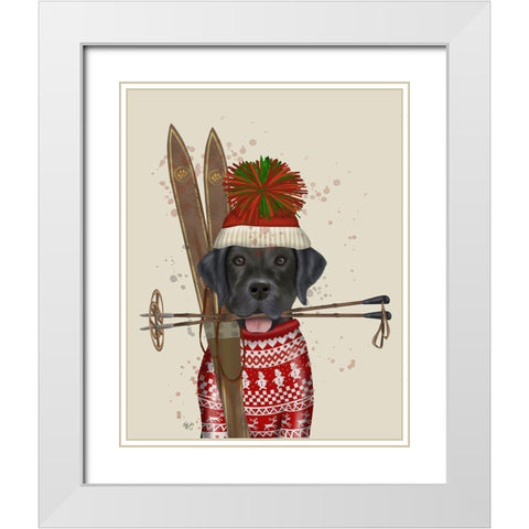Black Labrador, Skiing White Modern Wood Framed Art Print with Double Matting by Fab Funky