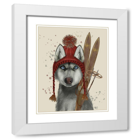 Husky, Skiing White Modern Wood Framed Art Print with Double Matting by Fab Funky
