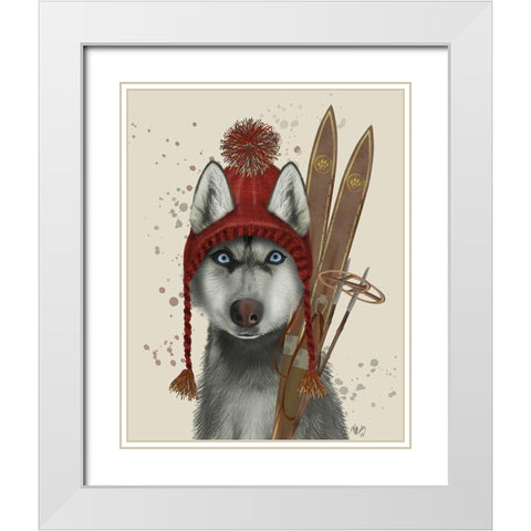 Husky, Skiing White Modern Wood Framed Art Print with Double Matting by Fab Funky