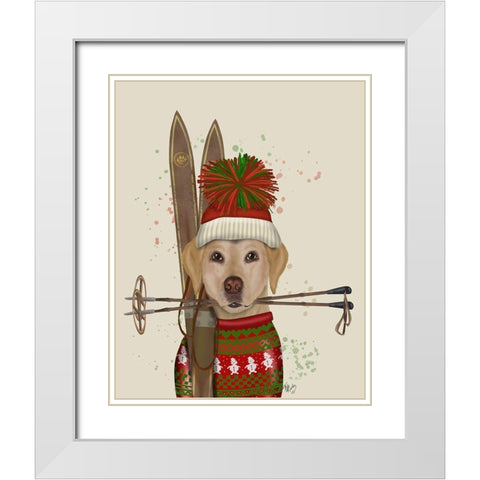 Yellow Labrador, Skiing White Modern Wood Framed Art Print with Double Matting by Fab Funky