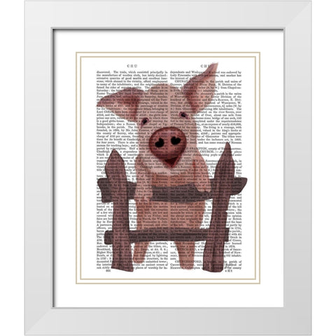 Pig On Fence Book Print White Modern Wood Framed Art Print with Double Matting by Fab Funky