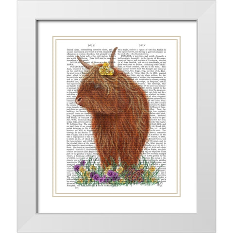 Highland Cow, Pansy Book Print White Modern Wood Framed Art Print with Double Matting by Fab Funky