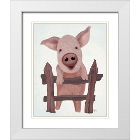 Pig On Fence White Modern Wood Framed Art Print with Double Matting by Fab Funky