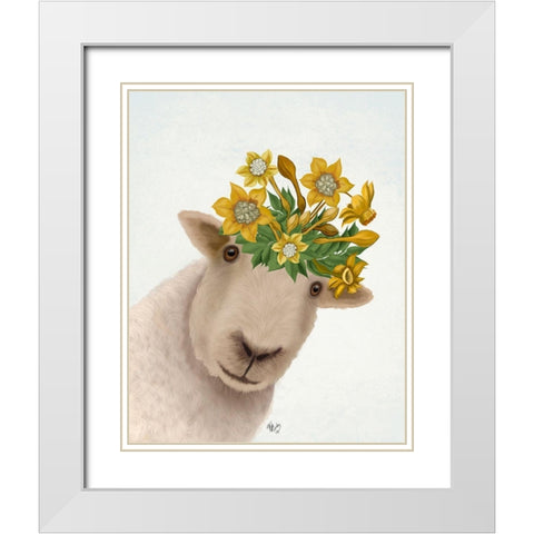 Sheep with Daffodil Crown White Modern Wood Framed Art Print with Double Matting by Fab Funky