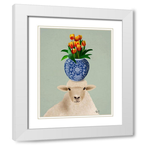 Sheep and Tulips White Modern Wood Framed Art Print with Double Matting by Fab Funky
