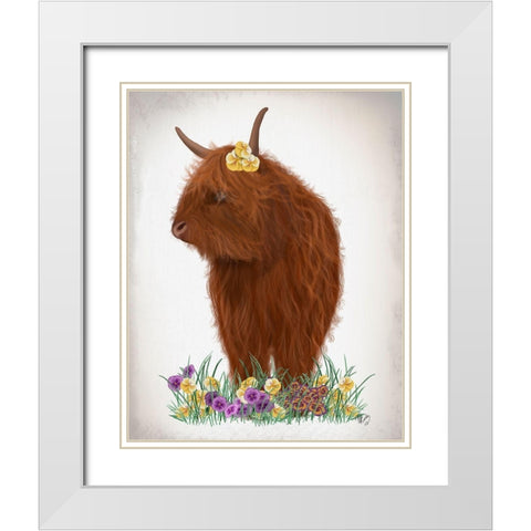 Highland Cow, Pansy White Modern Wood Framed Art Print with Double Matting by Fab Funky