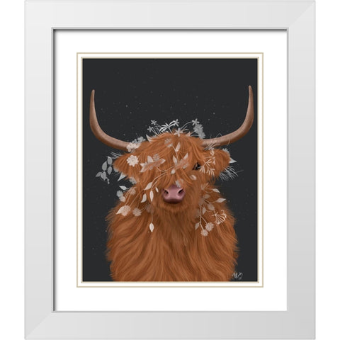 Highland Cow 1, White Flowers White Modern Wood Framed Art Print with Double Matting by Fab Funky
