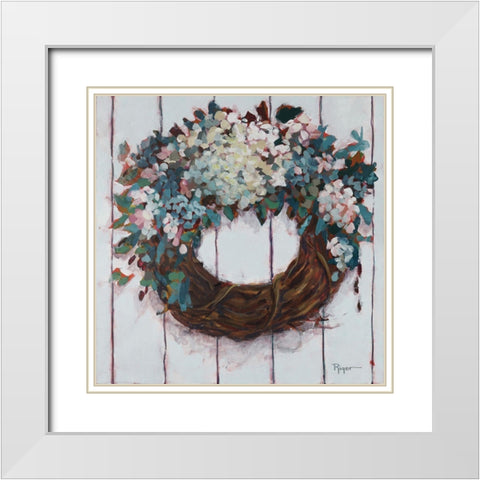 Welcoming Gate Wreath White Modern Wood Framed Art Print with Double Matting by Riger, Sue