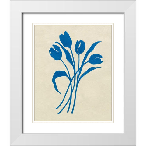 Blue Tulips II White Modern Wood Framed Art Print with Double Matting by Caroline, Emma