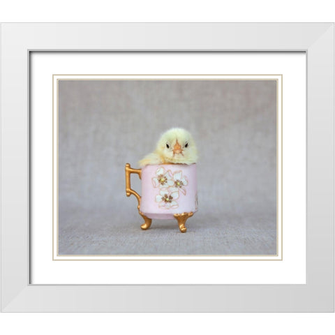 Chick in Pink Cup White Modern Wood Framed Art Print with Double Matting by Soderman, Tania