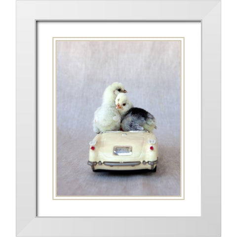 Chicks in Cream Car I White Modern Wood Framed Art Print with Double Matting by Soderman, Tania