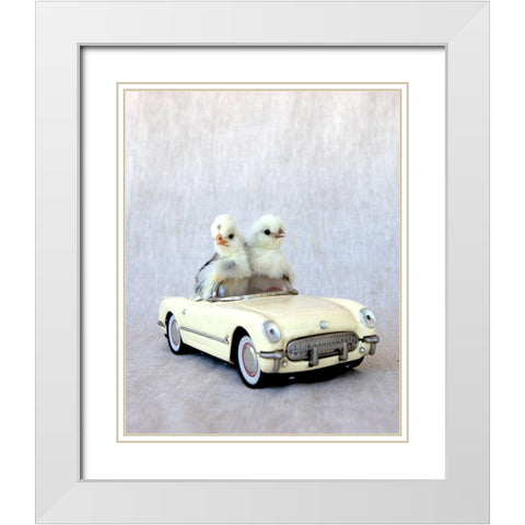 Chicks in Cream Car II White Modern Wood Framed Art Print with Double Matting by Soderman, Tania