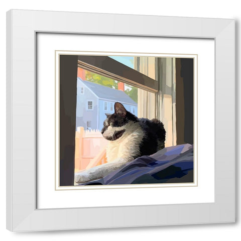 Sunning Kitties II White Modern Wood Framed Art Print with Double Matting by Kalina, Emily