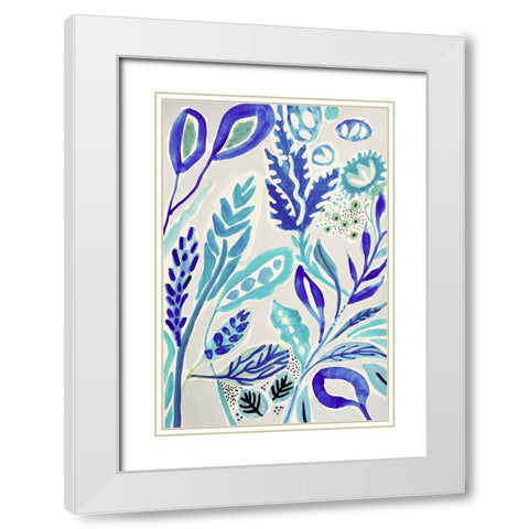 Leaves in Blue I White Modern Wood Framed Art Print with Double Matting by Fields, Karen