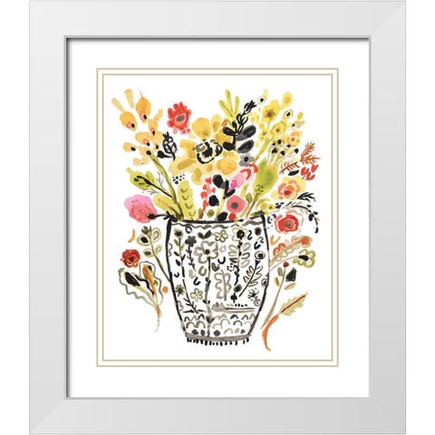 Inked Yellow Flowers in Vase White Modern Wood Framed Art Print with Double Matting by Fields, Karen