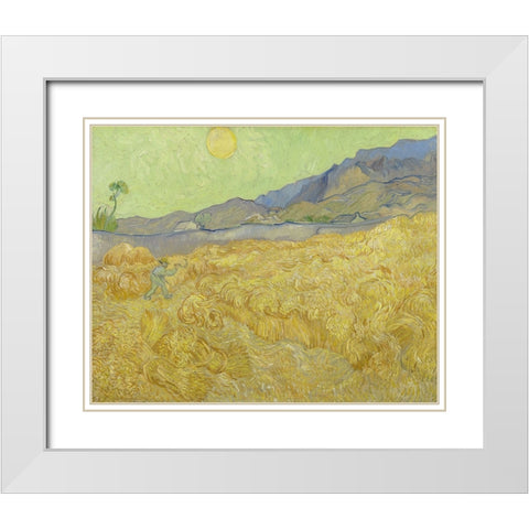 Wheatfield with a reaper White Modern Wood Framed Art Print with Double Matting by Van Gogh, Vincent