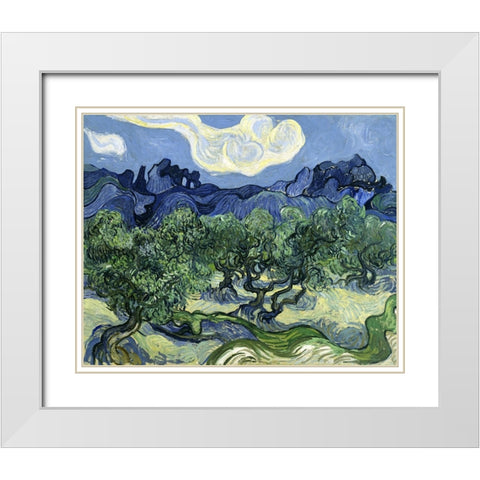 Olive Trees with the Alpilles in the Background White Modern Wood Framed Art Print with Double Matting by Van Gogh, Vincent