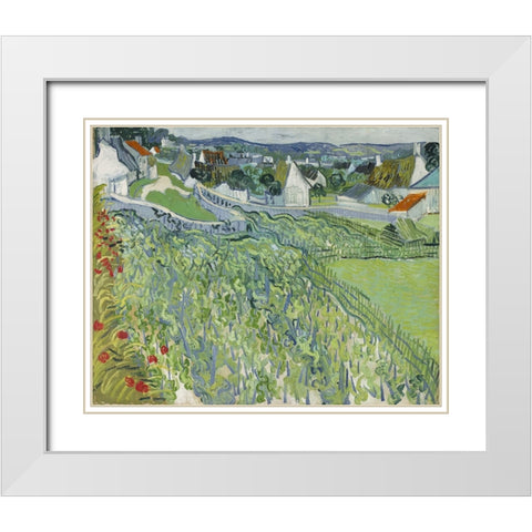 Vineyards at Auvers White Modern Wood Framed Art Print with Double Matting by Van Gogh, Vincent