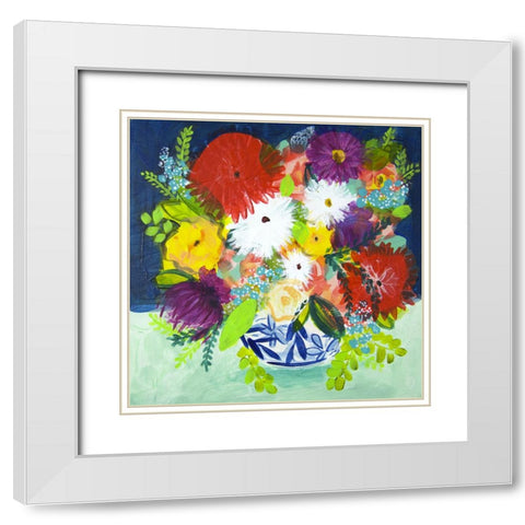 Summer Bouquet With Blue Vase I White Modern Wood Framed Art Print with Double Matting by Hampe, Shelley
