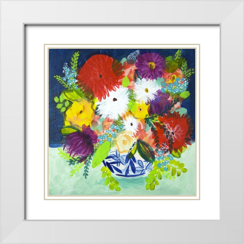 Summer Bouquet With Blue Vase I White Modern Wood Framed Art Print with Double Matting by Hampe, Shelley
