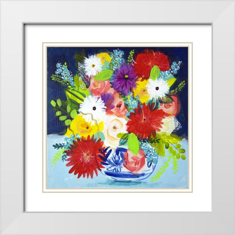 Summer Bouquet With Blue Vase II White Modern Wood Framed Art Print with Double Matting by Hampe, Shelley