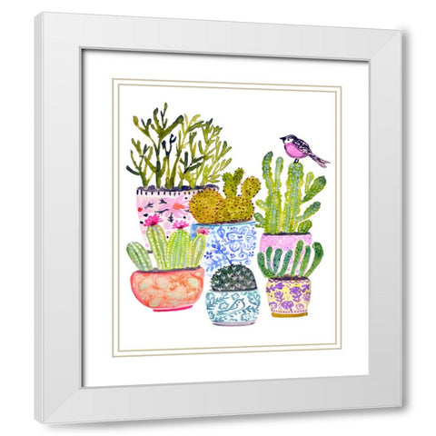 Cactus and Pink Bird White Modern Wood Framed Art Print with Double Matting by Fields, Karen