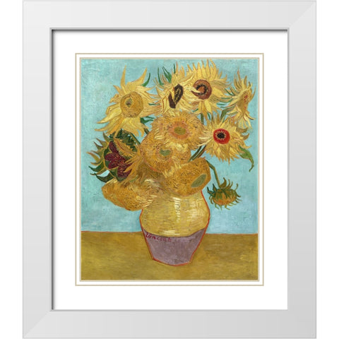 Van Gogh Sunflowers I White Modern Wood Framed Art Print with Double Matting by Van Gogh, Vincent