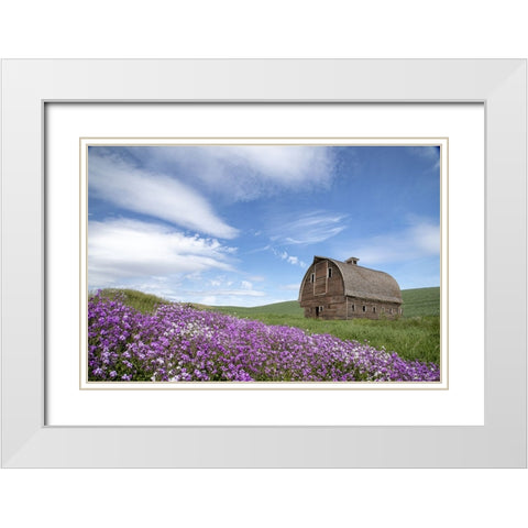Palouse Barn and Flowers II White Modern Wood Framed Art Print with Double Matting by Drost, David
