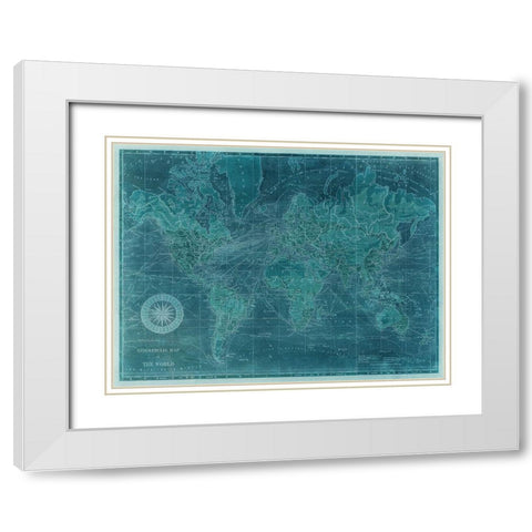 Azure World Map White Modern Wood Framed Art Print with Double Matting by Vision Studio