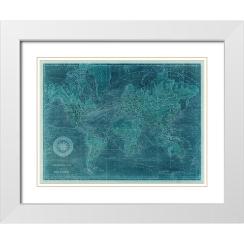 Azure World Map White Modern Wood Framed Art Print with Double Matting by Vision Studio
