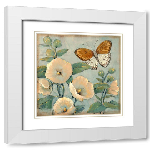 Butterfly and Hollyhocks I White Modern Wood Framed Art Print with Double Matting by OToole, Tim